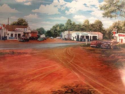 Special Photo of a Painting Shared by Emmett Clower Snellville 1952 - Intersection of Hwy 124 & Hwy 78. The building on the left is Mr Aubrey Peter’s Pure Station. The building to the right is the Sinclair Station.
