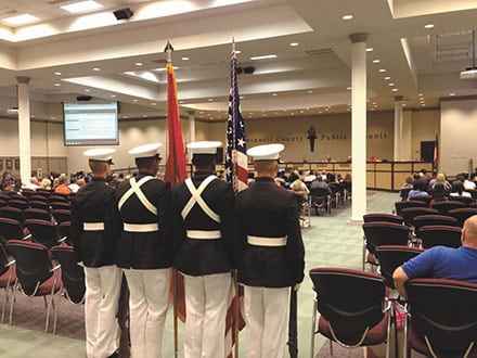 The cadets presented the colors and lead the board and guests in the Pledge of Allegiance. The cadets in the color guard from left to right are: Will Gregg, Andre Maxwell, Jose Rios, Chase Noblett