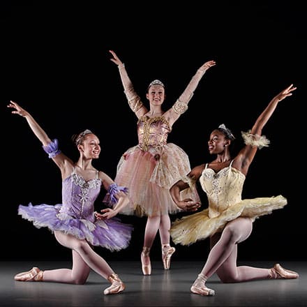 Pictured left to right:  GBT dancers Jordan Silas, Sydney Haglund, Bianca Melidor. Photo by Richard Calmes