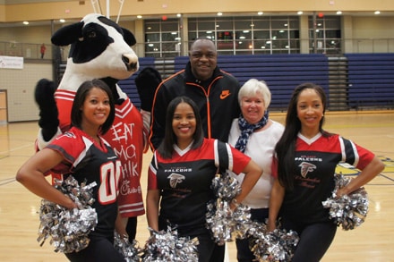 Falcons cheerleaders and dancing Chick-fil-A cows were part of the fundraiser .  