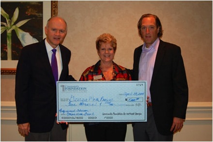 Georgia Meth Project Executive Director, Jim Langford stands with Judy Waters, CFNEG Executive Director, and Scott Phelan, CFNEG’s Professional Advisors Committee Chair, to receive a $5,000 grant to help fight against the use of Meth in our community.