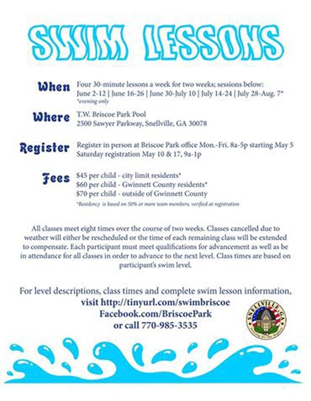 Swim lessons are being offered at Briscoe Park in Snellville. 