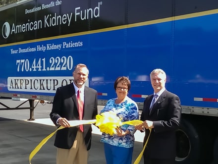 American Kidney Services Logistics Director Greg Grisham, Snellville Public Works Director Gaye Johnson and Ed Zito, AKS vice president and director officially open an AKS recycling drop-off point at the city’s Recycling Center at 2531 Marigold Road.