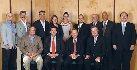 Gwinnett Tech Foundation Board of Trustees members (front row, left to right):  Mike Price, chair; Dr. Scott Muri, secretary; Mac Peden, treasurer; Mark Singleton, vice chair. (back row, left to right): Jim McGean; Dan King; Sean Murphy; Amy Greiner; Sandy Shumate; Dr. Steve Flynt;  and with Gwinnett Technical College, David Welden, interim president; David McCulloch, vice president of economic development; and Perry Roberts, executive director of institutional development. Trustees not pictured: Kim Ryan, Lee Tucker, Alvin Wilbanks and Martin Hollis. 