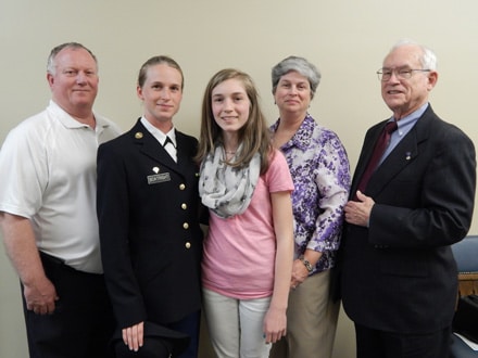  PFC Grace Boatright of Alpha Company at the University of North Georgia College received the Col. Jack Peevy military Scholarship at the 2015 Military Awards Ceremony held at the University. Grace was recognized for her meritorious military and scholastic achievements and for her exemplary patriotic ideals of duty, honor and country. Her grandfather Victor McKelvey from Lawrenceville, parents Lenore and Cecil Boatright and sister Mary from Dacula attended the ceremony. The Col Jack Peevy Scholarship was a legacy of Col Peevy who was a student at North Georgia College a wounded veteran of the Viet Nam War. Grace discovered that Col Peevy was a distant relative. 