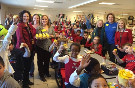 Starling Elementary shares cupcakes with Mayor Allison Wilkerson (holding cupcakes) earlier this year in celebration of Giving Hunger the Boot