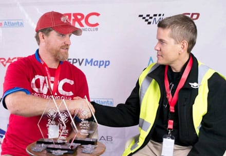 (Left) Todd Wahl, Founder and President of the Drone Racing Club (DRC), and Chris Thomas, Founder of Multi GP-FPV Drone Racing League, doing an interview at the Atlanta Maker Faire 2015 Drone Racing Challenge.