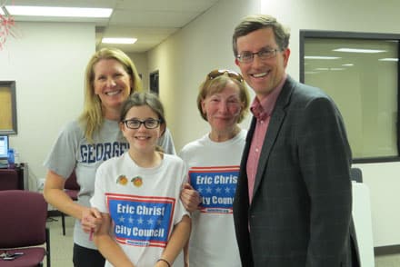 After he had learned he had won the election, Eric Christ (Right) poses with his wife Maureen, his youngest of two daughters and mother in law (L to R).