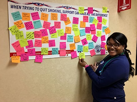 Eastside Employee, Sha’Neka Wright-Register posting her words of encouragement in support of those pledging to quit smoking in honor of the Great American Smokeout.