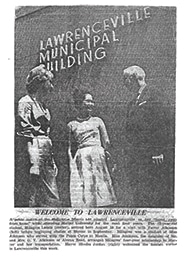 Mayor Rhodes Jordan welcomed Mila Lasala to Lawrenceville in 1964. Farrar Atkinson, Mila Lasala, and Mayor Rhodes Jordan (L to R)