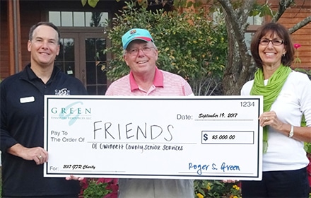 Green Financial donated $5,000 to the Friends of Gwinnett County Seniors. Pictured is Roger Green, Gary Galloway and Jennifer Orton – all members of the Friends of Gwinnett County Senior Services Board.