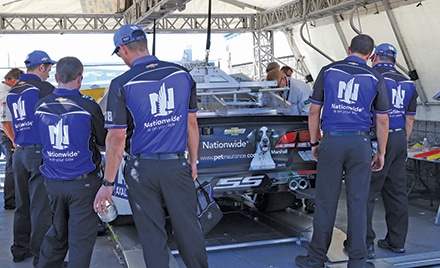 Dale Earnhardt, Jr’s #88 race car featured Marshall’s happy face during the New Hampshire race Sept 23. Here, the car is being inspected pre-race