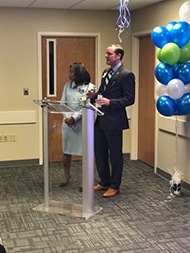 Margaret Collier, VP of Behavioral Health Services, Eastside Medical Center, and Trent Lind, CEO, Eastside Medical Center address crowd at open house. 