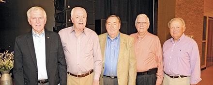 1958 SGHS Basketball Team members at the Snellville Alumni Association Banquet. L - R: Clark Britt, Kenneth Hughes, Jerry Downs, Harold Bowman, Hollis Reese.