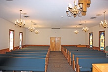 Though additions have been made to the original structure, the sanctuary (pictured) is the first structure built on the site. Electricity and indoor plumbing were added about 60 years ago. Handhewn timbers support the structure, and true 2 x 4s were used to build the roof frame.