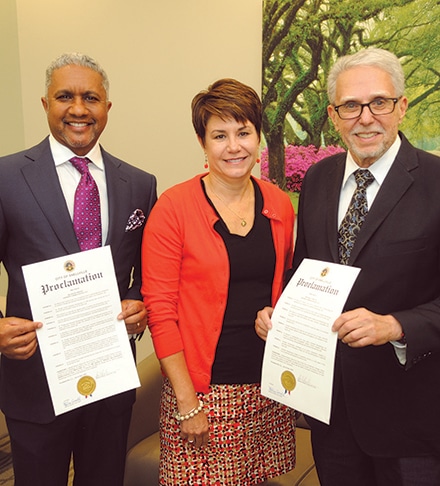 Gwinnett Dermatology received a Proclamation from the City of Snellville which was presented by Snellville Mayor Pro Tem Barbara Bender. Picture (L-R) Dr. Keith Wright, Snellville Mayor Pro Tem Barbara Bender, Dr. Joel Shavin