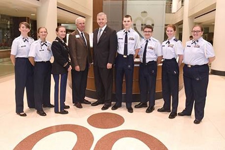 pictured left to right: The Civil Air Patrol cadets, Gwinnett Medical Center's president & CEO Phil Wolfe, and Congressman Rob Woodall