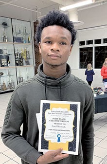 Farid Momodu, a junior, won a $250 first place cash prize for the Creative Writing Category for his submission to the Nancy Gullickson Fine Arts Competition.