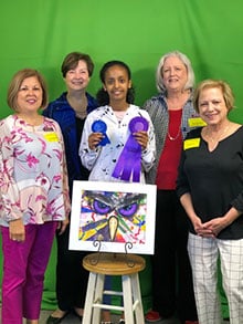 Brenda Dana, Art Committee Chair, along with committee members Sandy McGuire and Pat Shaver and club president, Judy Nash, visited Arcado Elementary and presented Leah Ermias with her Best in Show 1st Place and 1st Place 5th Grade ribbons along with a $25 cash prize.