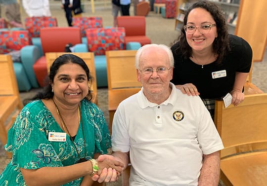 Bill York and the Dacula Library staff after his presentation on June 6, 2019: L-R: Radsha Ashok, Bill York, and Kelley Williams.