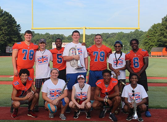Students from Parkview's marching band and football team. L-R — Bottom Row: Jordan Williams, Sarah Hall, Amelia Young, CJ Daniels and Kylan Harding. Back Row: Tyler Wagner, Jack Davis, Derrick Brown, Tyler Nerbonne, Zachary Nerbonne, Michael Carswell and Kobe Wilson.