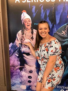 After performing in Frozen Jr. at Citi Springs Theatre this summer, Ally Copeland went to NYC to see Frozen on Broadway where she got to meet Ryann Redmon. Ryann is currently playing Olaf and was also the original Bridget in Bring it On: The Musical.