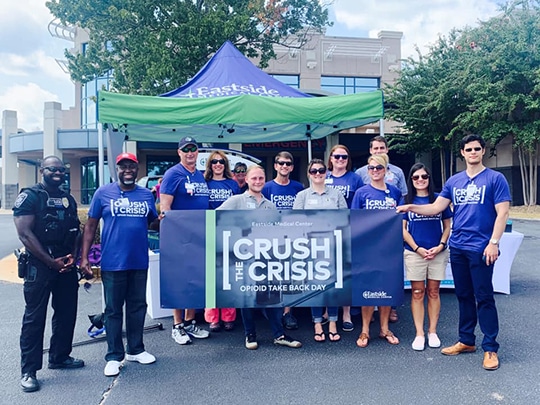 Eastside Leaders and Volunteers, Snellville Police Department Law Enforcement Officers, and Navigate Recovery Coaches at the hospital’s 2nd annual “Crush the Crisis” Opioid Take Back Day on September 7, 2019