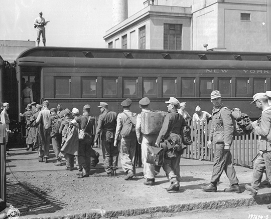 Prisoners of War boarding a train for trip from Hampton Roads, Virginia, to POW camps.