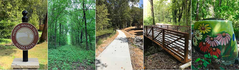 Pictured above are photos of Hunter Walker Park including Before & After paving photos (2nd & 3rd from left), a pedestrian bridge, and manhole art