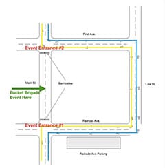 The map shows the closed off area Sunday for Bucket Brigade Day on Main Street, Lilburn, for the Centennial Anniversary of the Lilburn Fire of 1920.  (Map courtesy of City of Lilburn)