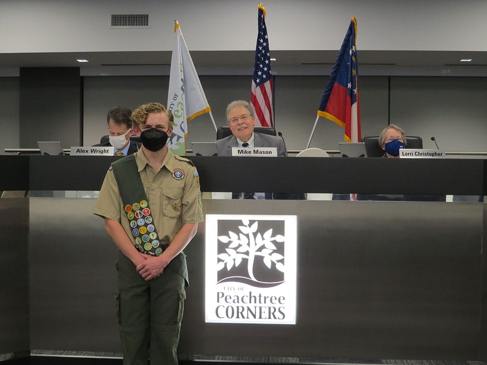 Eagle Scout Paul Nichols poses with Mayor Mason after the proclamation presentation (also pictured councilmembers Alex Wright (left) and Jeanne Aulbach (right).