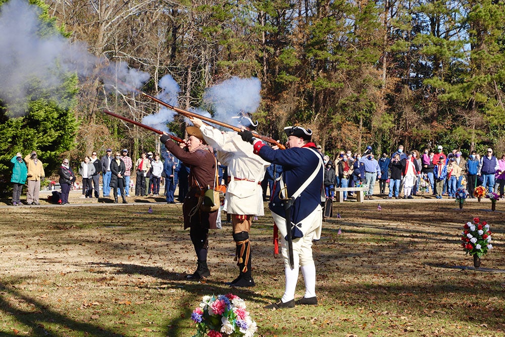 Georgia State SAR Militia perform a musket volley during the 2020 Wreaths Across America Ceremony at East Shadowlawn Memorial Gardens.