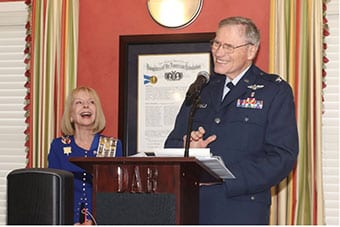 Dr. Alfred W. Studwell, (right) Colonel USAF Medical Corps (retired) spoke to the Philadelphia Winn Chapter after receiving the DAR Distinguished Citizen medal for his efforts in saving the lives of 23 Marines after the bombing of the U.S. Marine barracks in Beirut in 1983. Also shown is Philadelphia Winn Honorary Regent Ann Story.