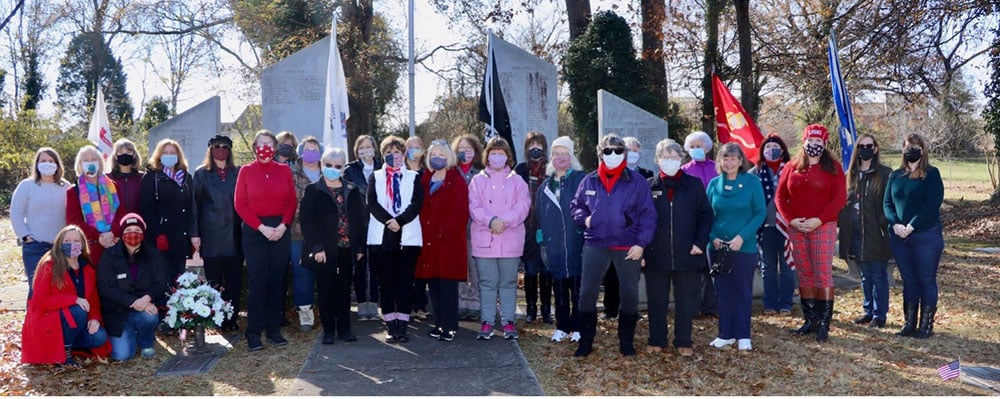 Members of the Philadelphia Winn Chapter NSDAR stand in front of the Veterans Memorial at East Shadowlawn Memorial Gardens prior to the start of their Second Annual Wreaths Across America ceremony.