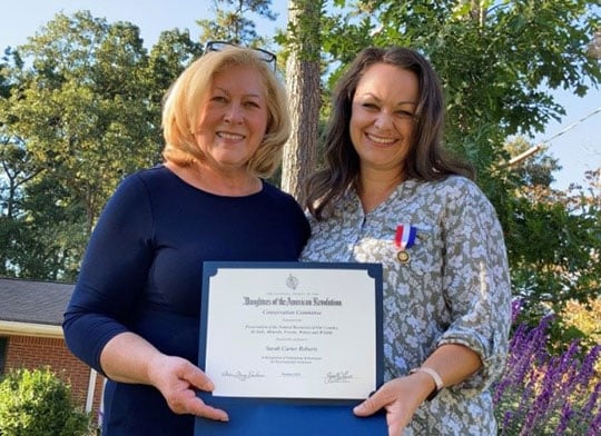 (L-R) Sarah Roberts receives the DAR Conservation Award Certificate from Kathy Lobe, past Philadelphia Winn Conservation Committee Chair.