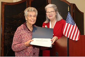 The Philadelphia Winn Chapter NSDAR Community Service award was presented by Committee Chair Beverly Paff to Mary Frazier Long. Ms. Long is an historian, author, and a fourth generation Gwinnett County resident who grew up in Lawrenceville.