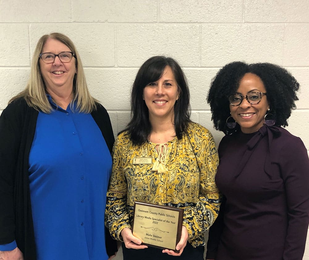 L-R: Mary Barbee, Director of Media Services and Technology Training, Maile Steimer, Media Specialist, Jones MS, Lin Wilkins Thornton, Jones MS principal