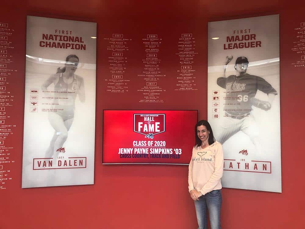 Jenny is shown at Stony Brook University where she was inducted into the Sports Hall of Fame.