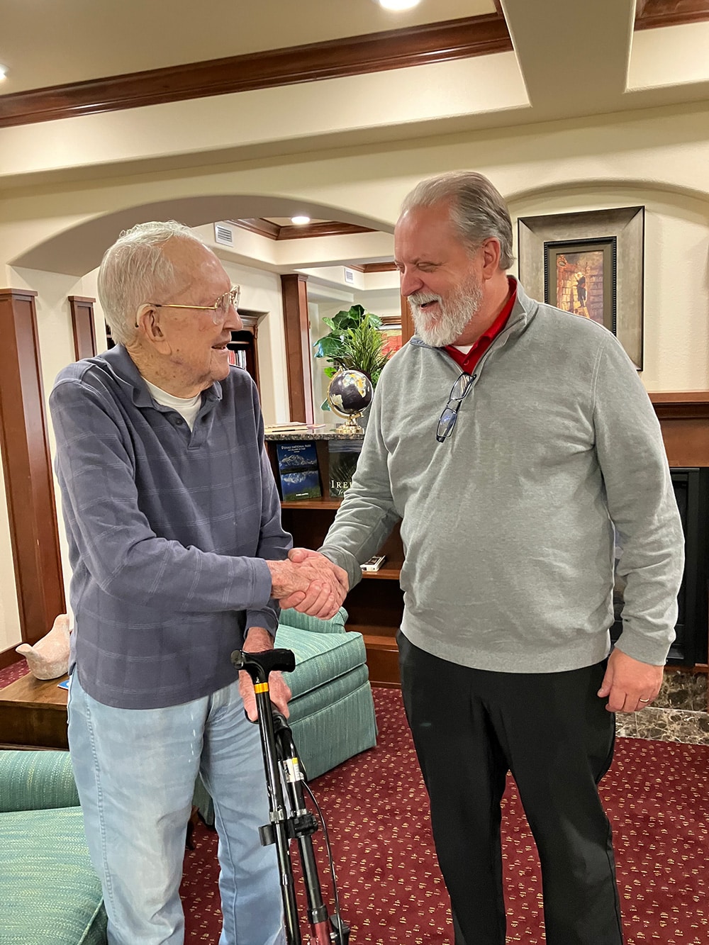 Bill is shown with Ken Malone, community sales manager for Linwood Estates Hawthorn Senior Living, located at 1611 Lawrenceville-Suwanee Rd. in Lawrenceville, Ga.