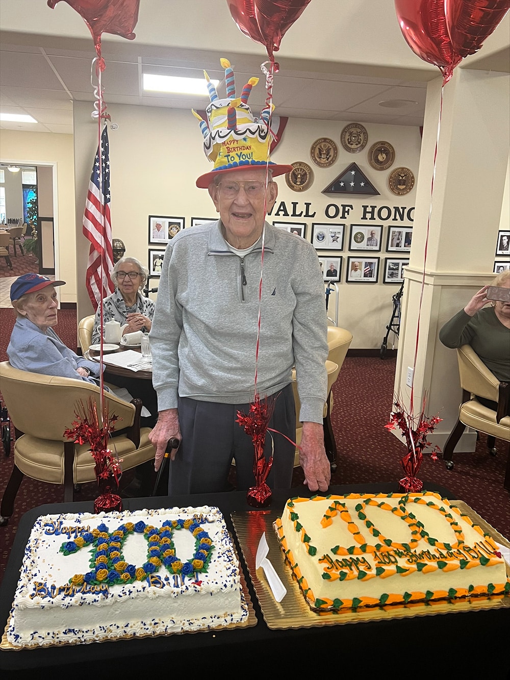 Bill celebrated his 100th birthday in Lawrenceville with TWO birthday cakes from his many friends.