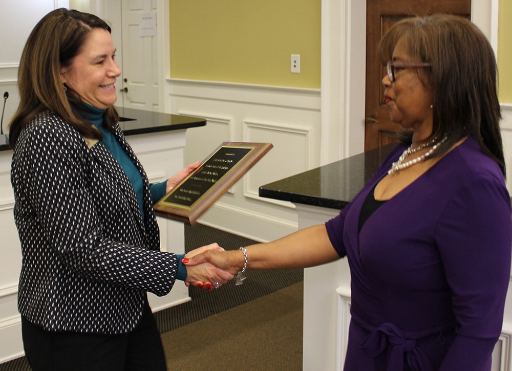 (L-R) Snellville's Mayor Barbara Bender presents and congratulates Earnestine Jones with Active Adult Award